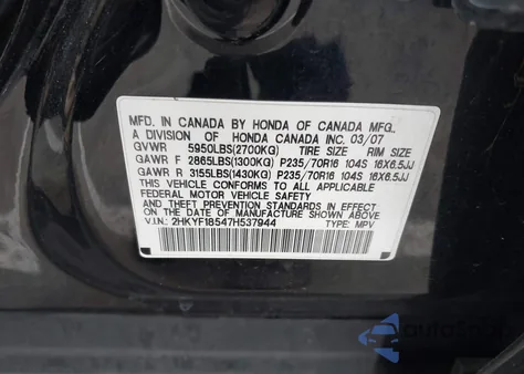 2007 Honda Pilot Ex-L z USA, uszkodzony, nr VIN 2HKYF18547H537944